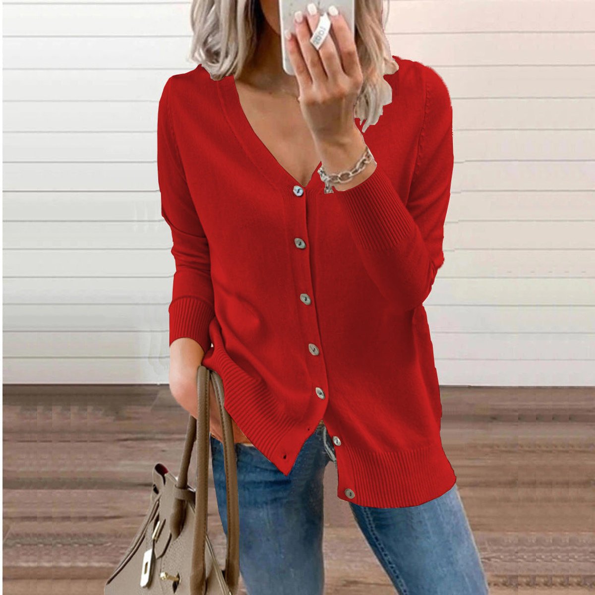 Women's Button-Through Knit Cardigan with Ribbed Cuffs – Red