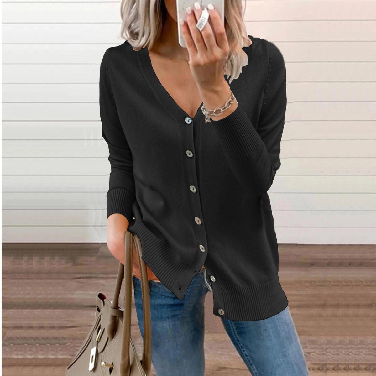 Women's Button-Through Knit Cardigan with Ribbed Cuffs – Black