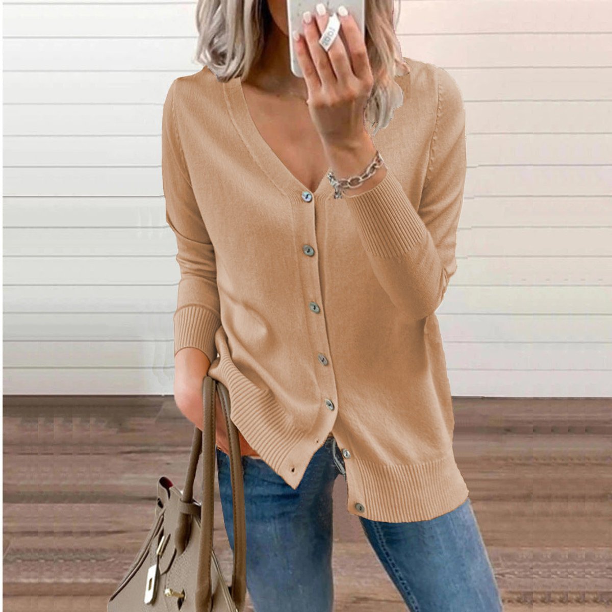 Women's Button-Through Knit Cardigan with Ribbed Cuffs – Camel