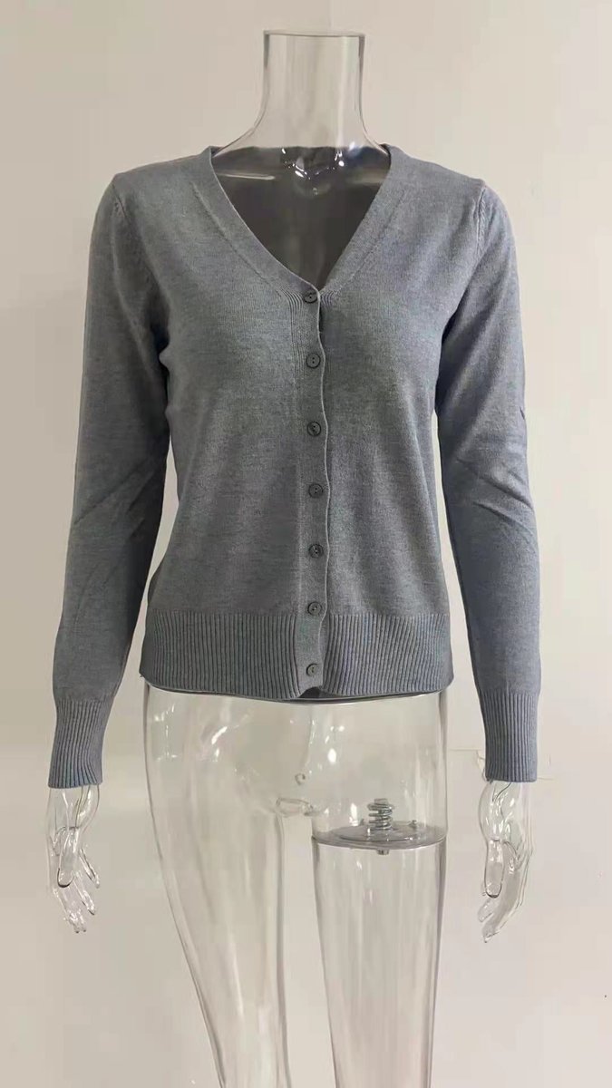 Women's Button-Through Knit Cardigan with Ribbed Cuffs – Grey