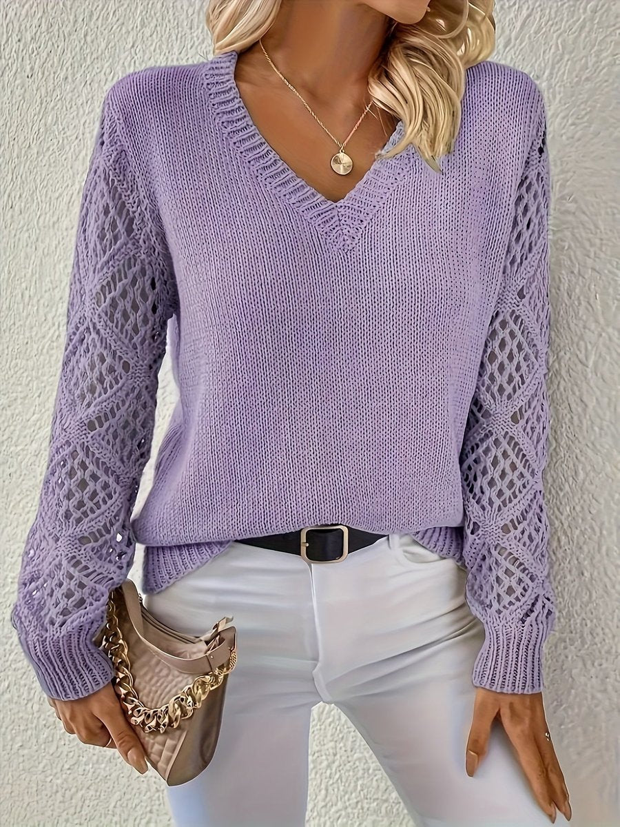 Women's Open-Weave Sleeve Knit Jumper with V Neckline