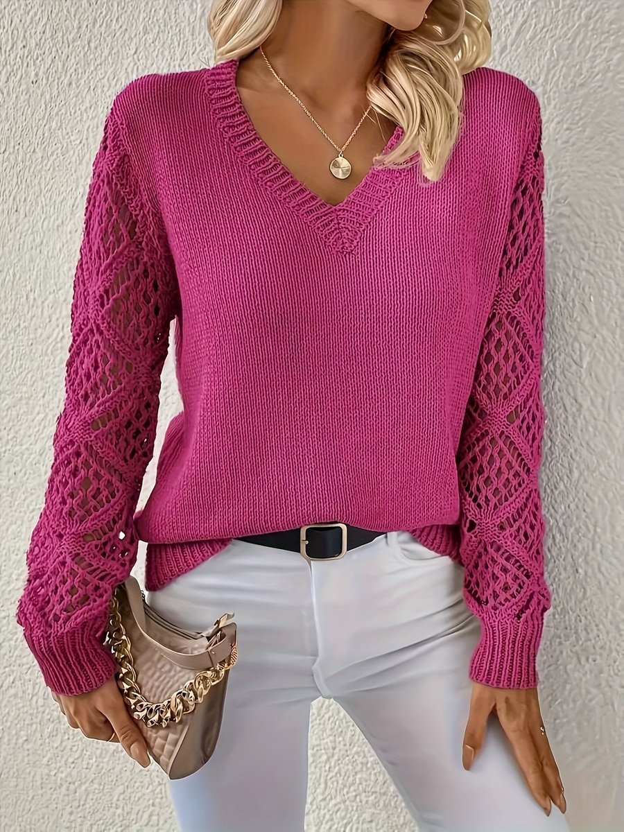 Women's Open-Weave Sleeve Knit Jumper with V Neckline – Purple