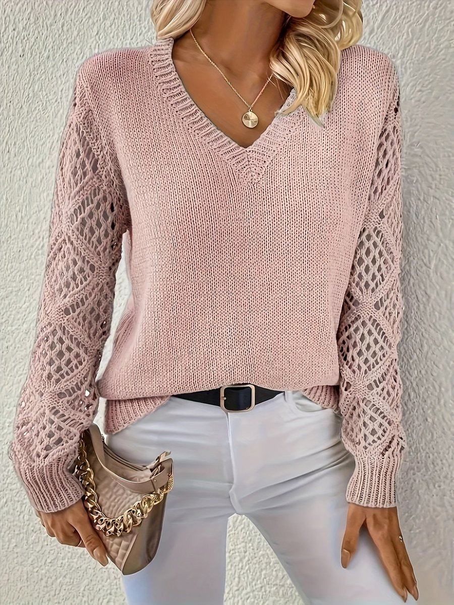 Women's Open-Weave Sleeve Knit Jumper with V Neckline – Blue