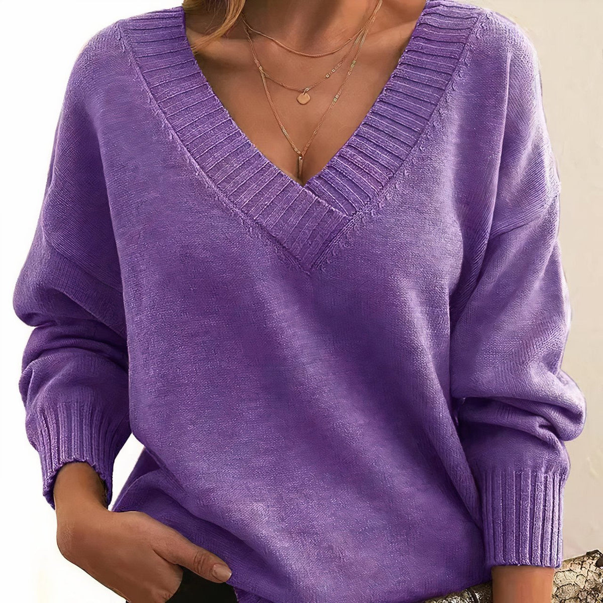 Women's Soft Knit V-Neck Jumper with Ribbed Cuffs – Purple