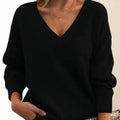 Women's Soft Knit V-Neck Jumper with Ribbed Cuffs – Black
