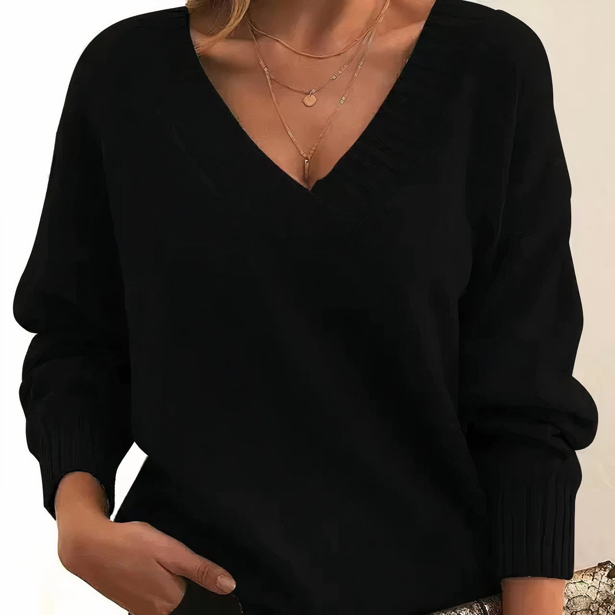 Women's Soft Knit V-Neck Jumper with Ribbed Cuffs – Black