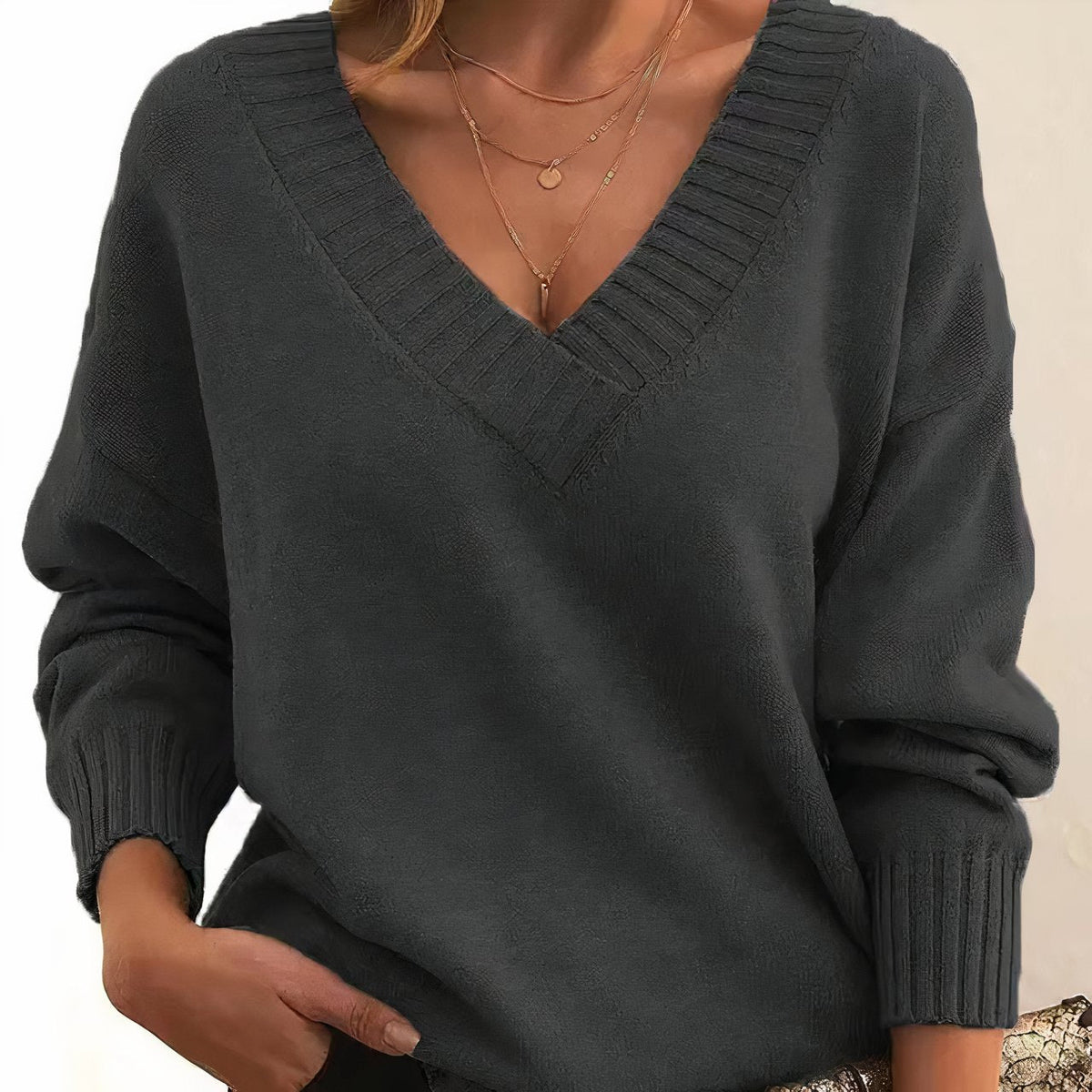 Women's Soft Knit V-Neck Jumper with Ribbed Cuffs – Dark Grey