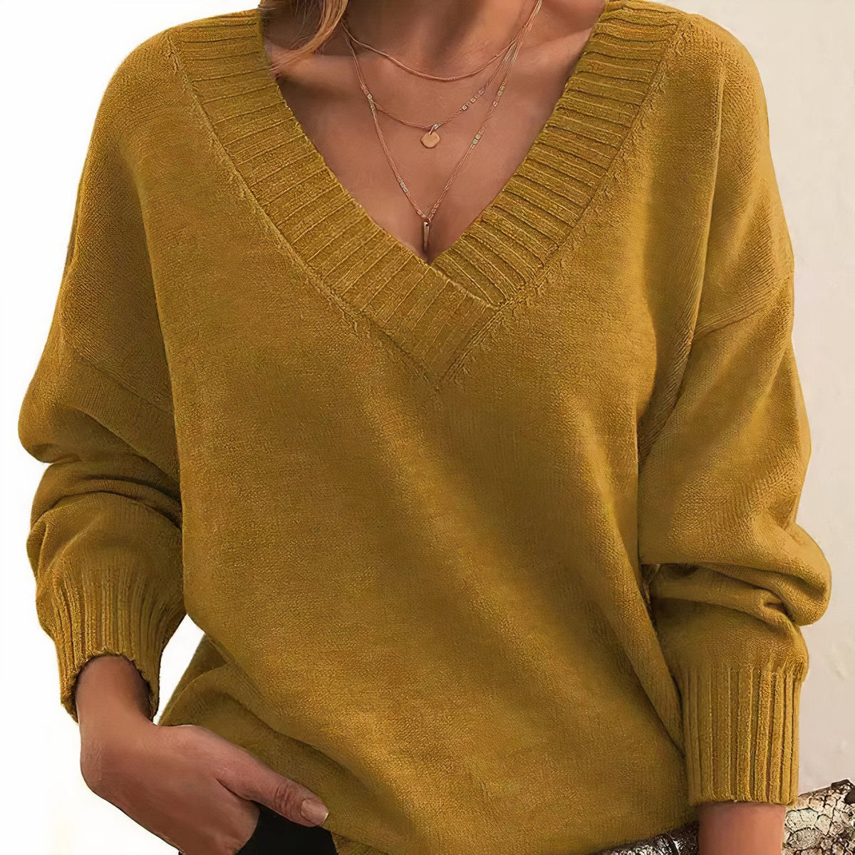 Women's Soft Knit V-Neck Jumper with Ribbed Cuffs – Gold