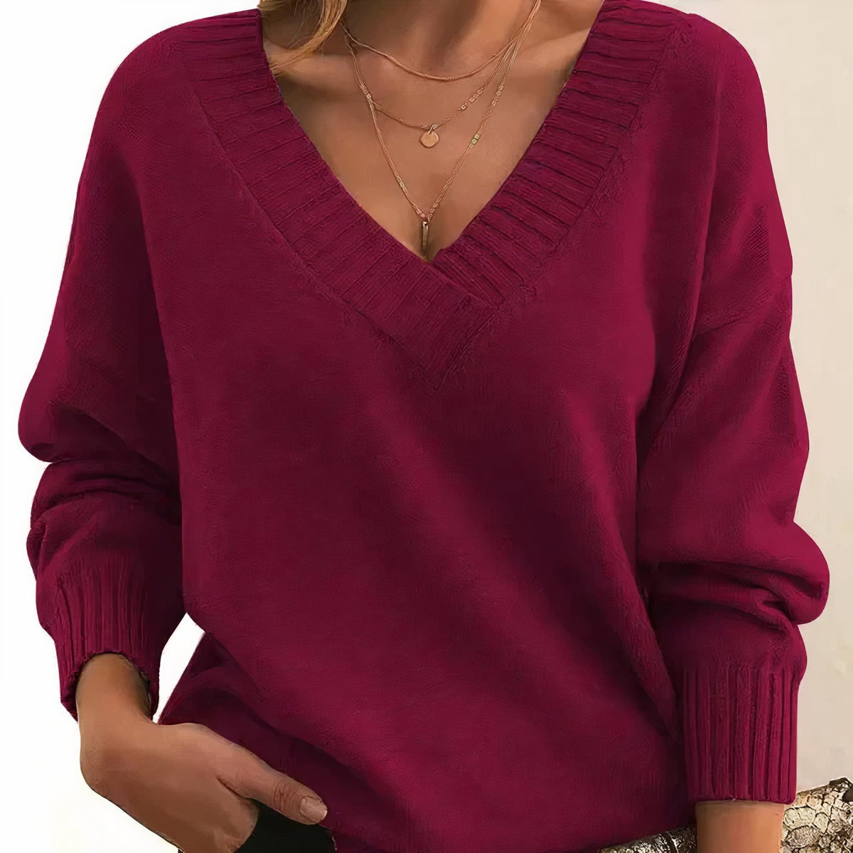 Women's Soft Knit V-Neck Jumper with Ribbed Cuffs – Red