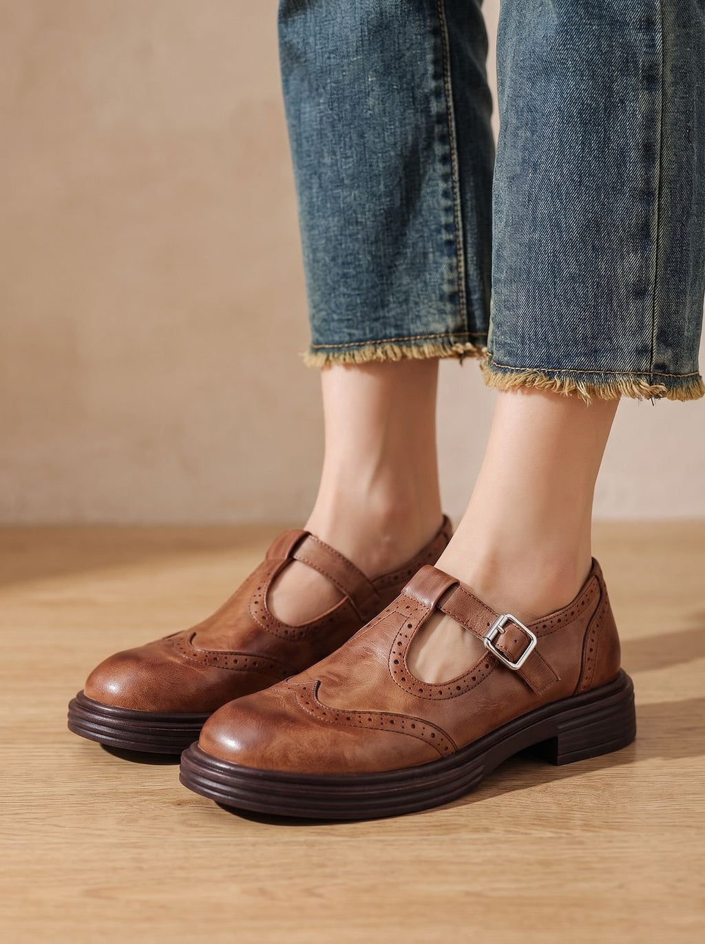 Women's Wingtip Buckle T-Bar Round Toe Flats