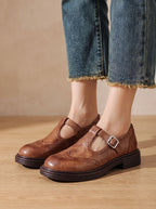 Women's Wingtip Buckle T-Bar Round Toe Flats