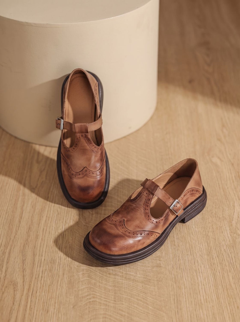 Women's Wingtip Buckle T-Bar Round Toe Flats