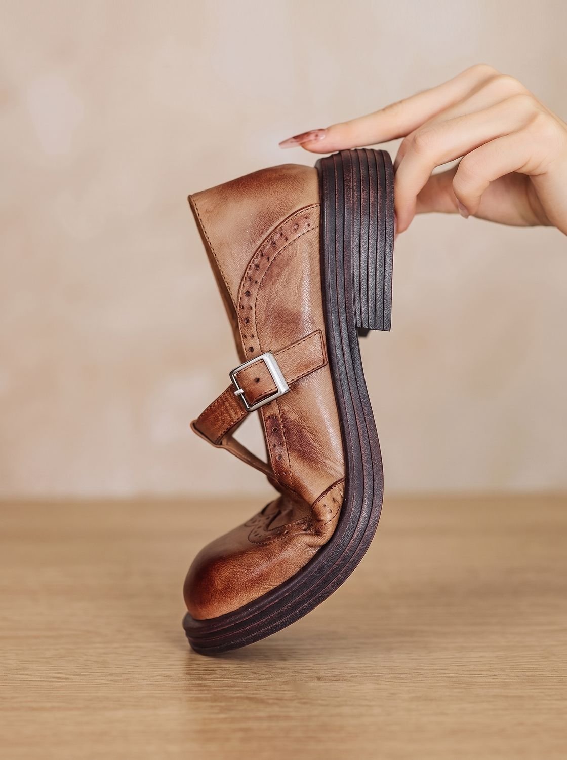 Women's Wingtip Buckle T-Bar Round Toe Flats