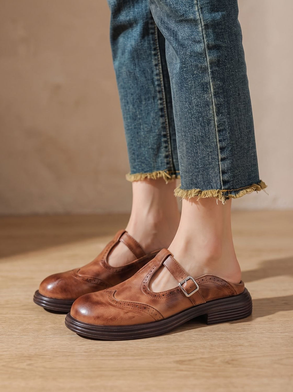 Women's Wingtip Buckle T-Bar Round Toe Flats
