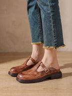 Women's Wingtip Buckle T-Bar Round Toe Flats
