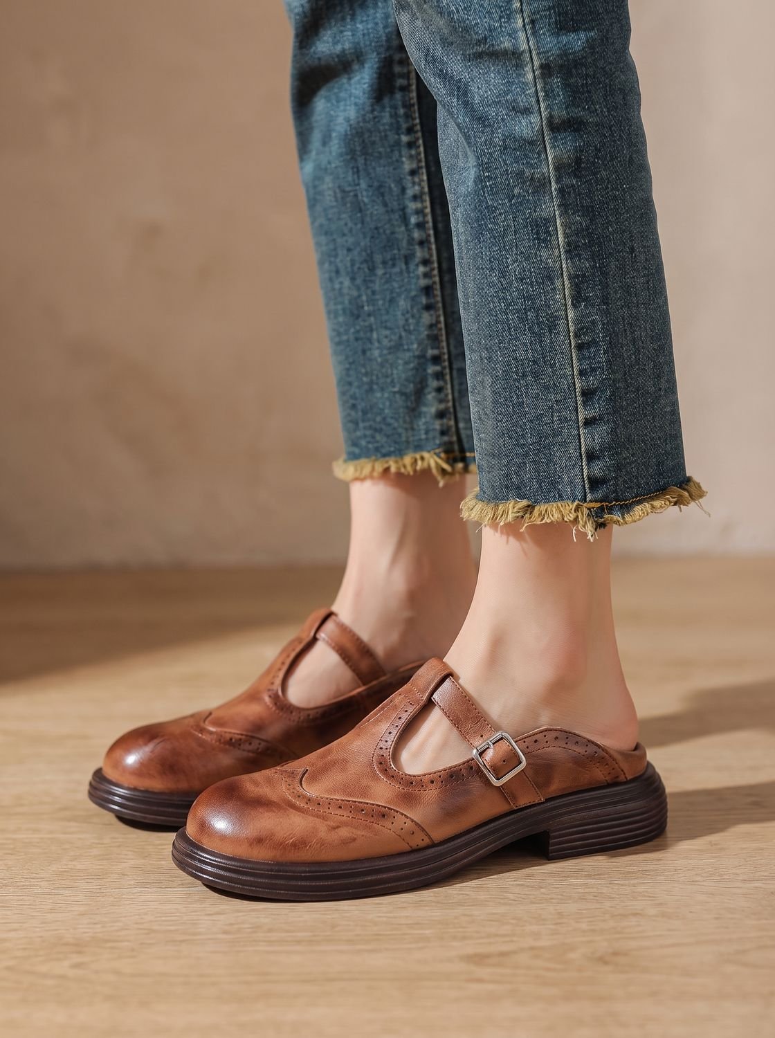 Women's Wingtip Buckle T-Bar Round Toe Flats