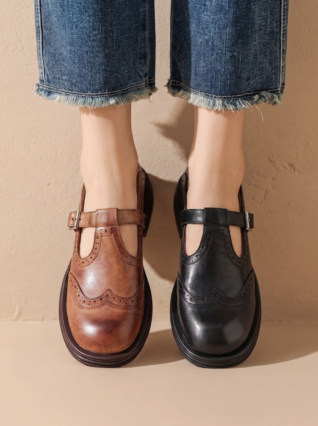 Women's Wingtip Buckle T-Bar Round Toe Flats