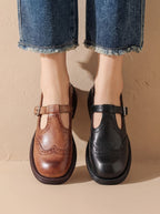 Women's Wingtip Buckle T-Bar Round Toe Flats