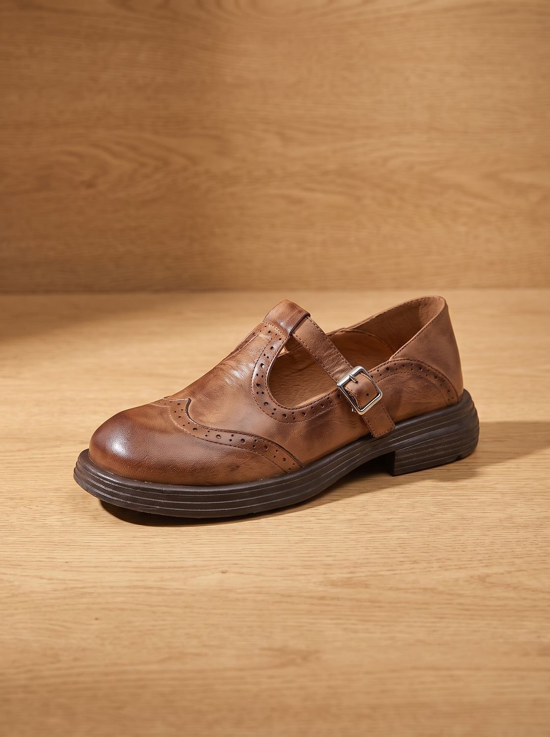 Women's Wingtip Buckle T-Bar Round Toe Flats - Brown