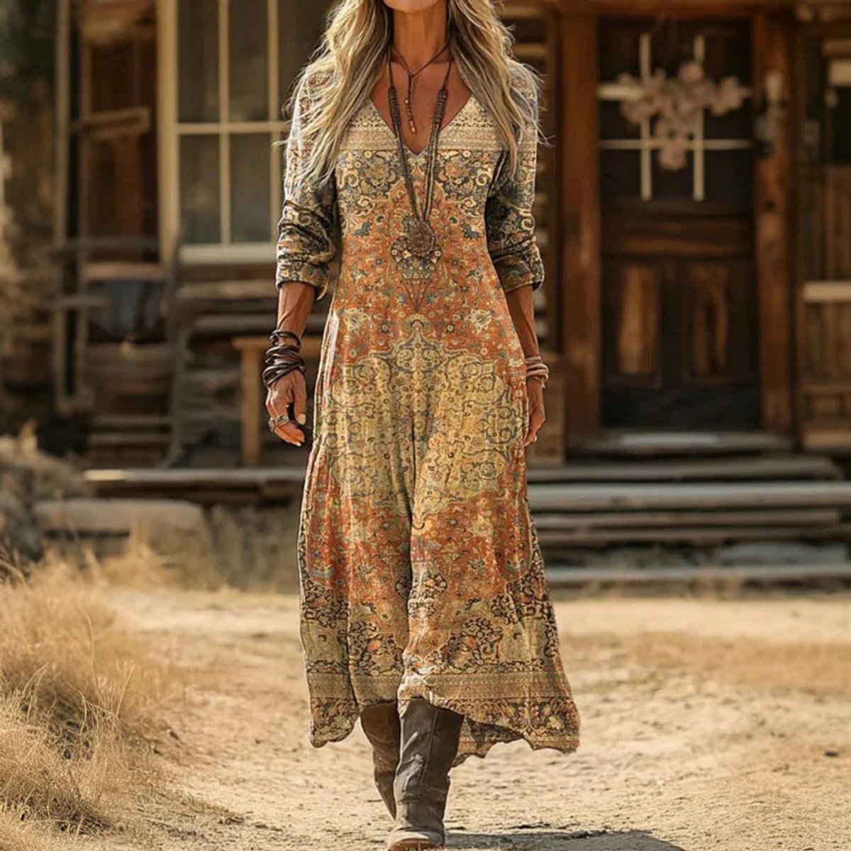 Women's Relaxed Maxi Dress with V-Neck and Vintage Print – Yellow