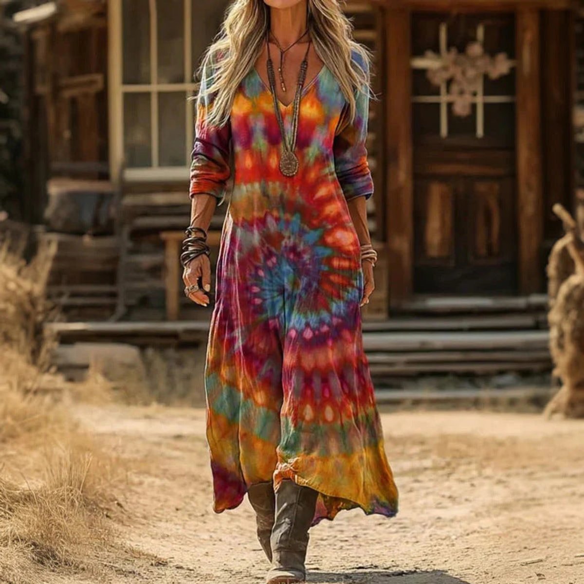 Women's Relaxed Maxi Dress with V-Neck and Vintage Print – Multicolour