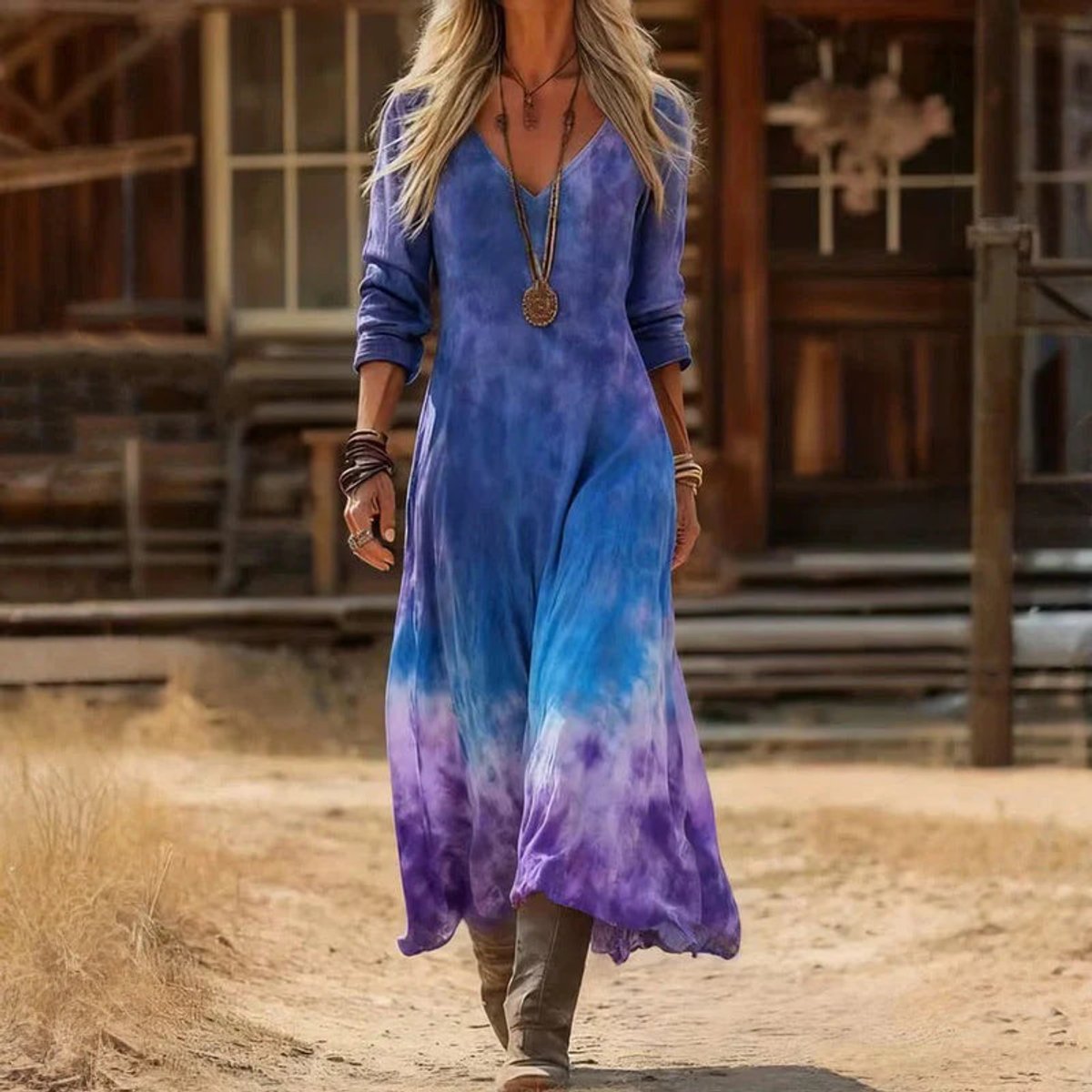 Women's Relaxed Maxi Dress with V-Neck and Vintage Print – Blue