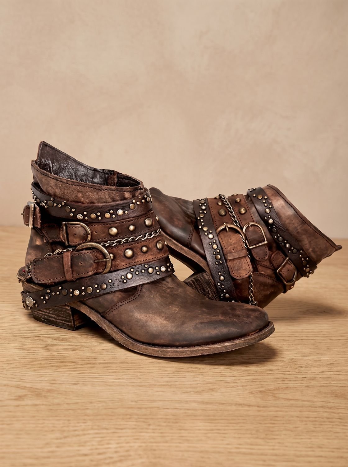 Women's Distressed Multi-Strap Western Ankle Boots with Chain Detail