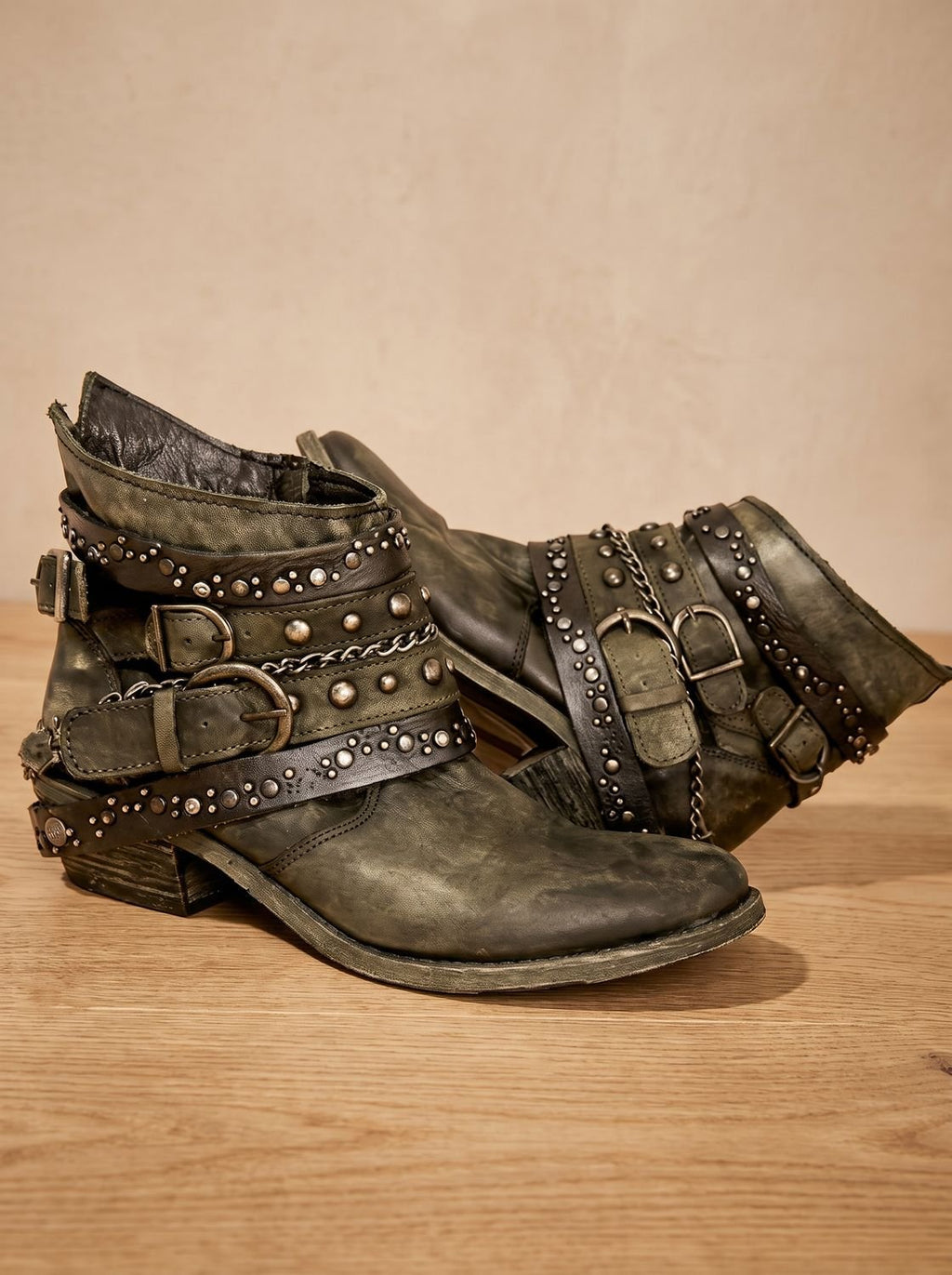 Women's Distressed Multi-Strap Western Ankle Boots with Chain Detail