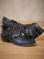 Women's Distressed Multi-Strap Western Ankle Boots with Chain Detail
