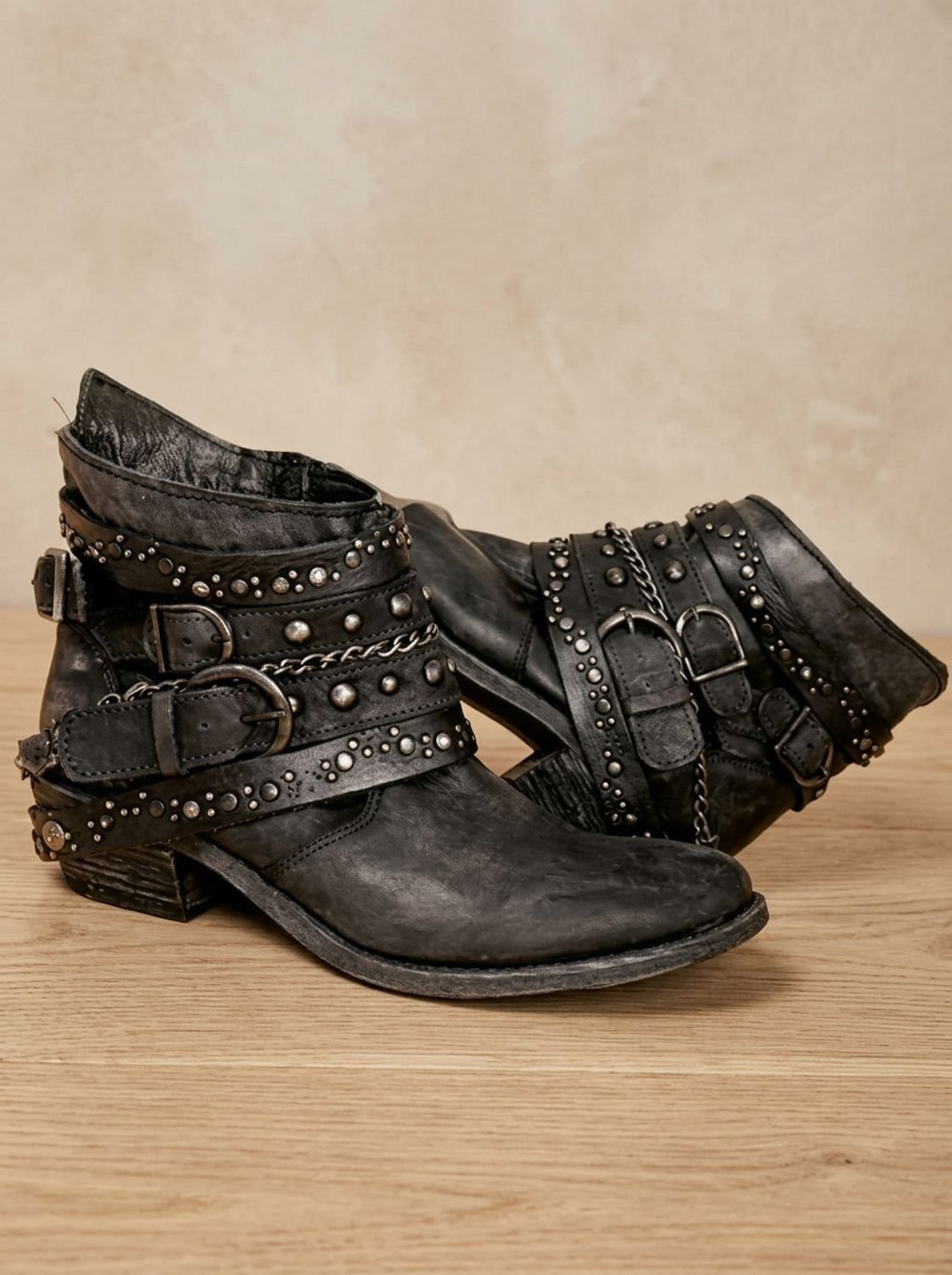 Women's Distressed Multi-Strap Western Ankle Boots with Chain Detail