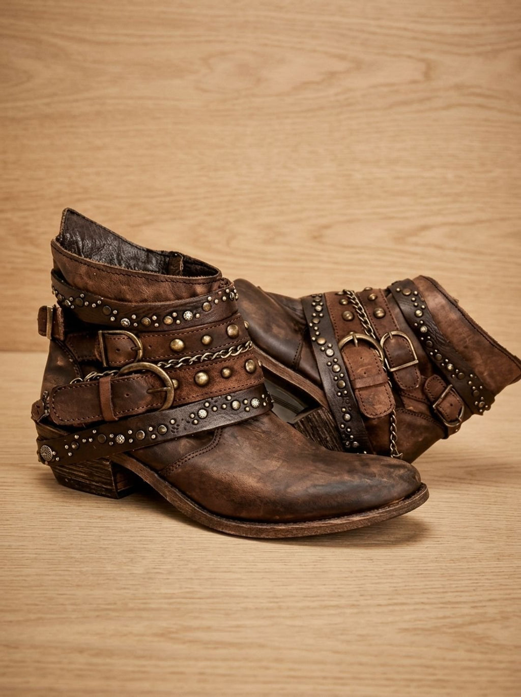 Women's Distressed Multi-Strap Western Ankle Boots with Chain Detail