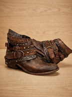 Women's Distressed Multi-Strap Western Ankle Boots with Chain Detail