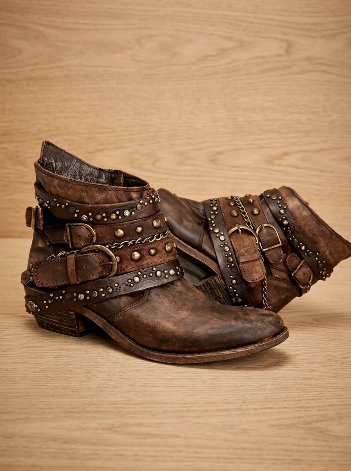 Women's Distressed Multi-Strap Western Ankle Boots with Chain Detail