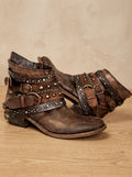 Women's Distressed Multi-Strap Western Ankle Boots with Chain Detail - Brown