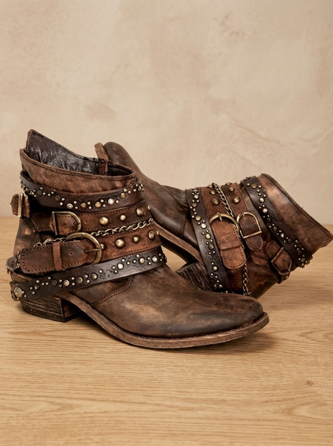Women's Distressed Multi-Strap Western Ankle Boots with Chain Detail - Brown