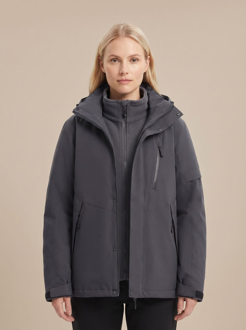 Women's Water-Repellent Fleece Collar Jacket with Drawcord Waist - Black