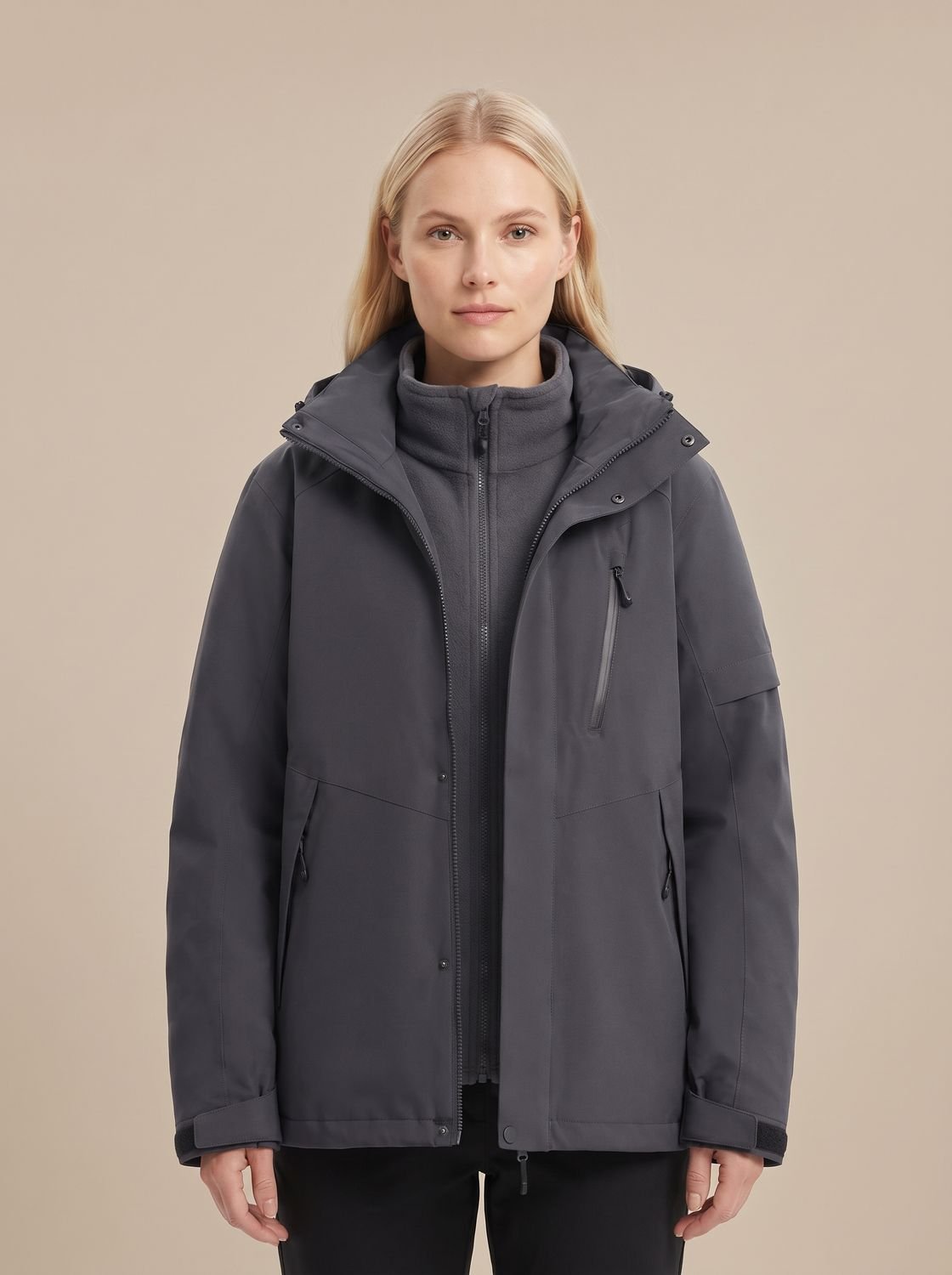 Women's Water-Repellent Fleece Collar Jacket with Drawcord Waist - Black