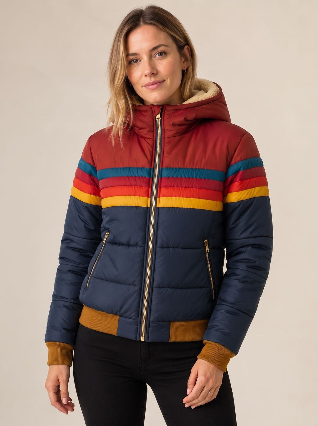 Women's Rainbow Stripe Panel Waterproof Padded Jacket - Navy