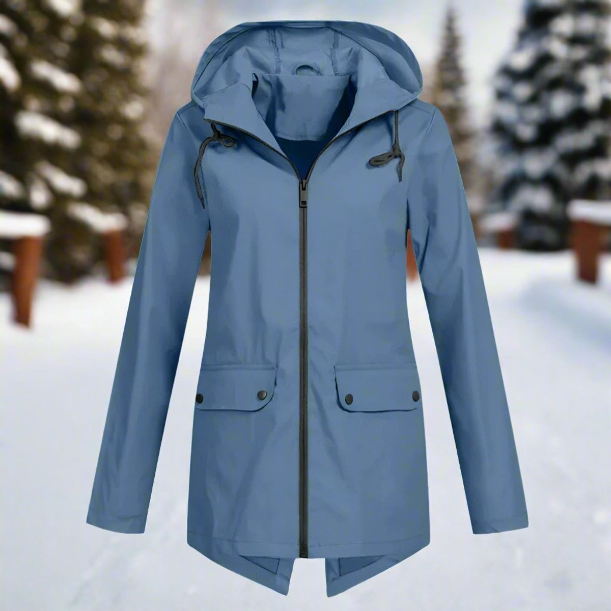 Women's Longline Waterproof Rain Coat with Drawstring Hood – Blue