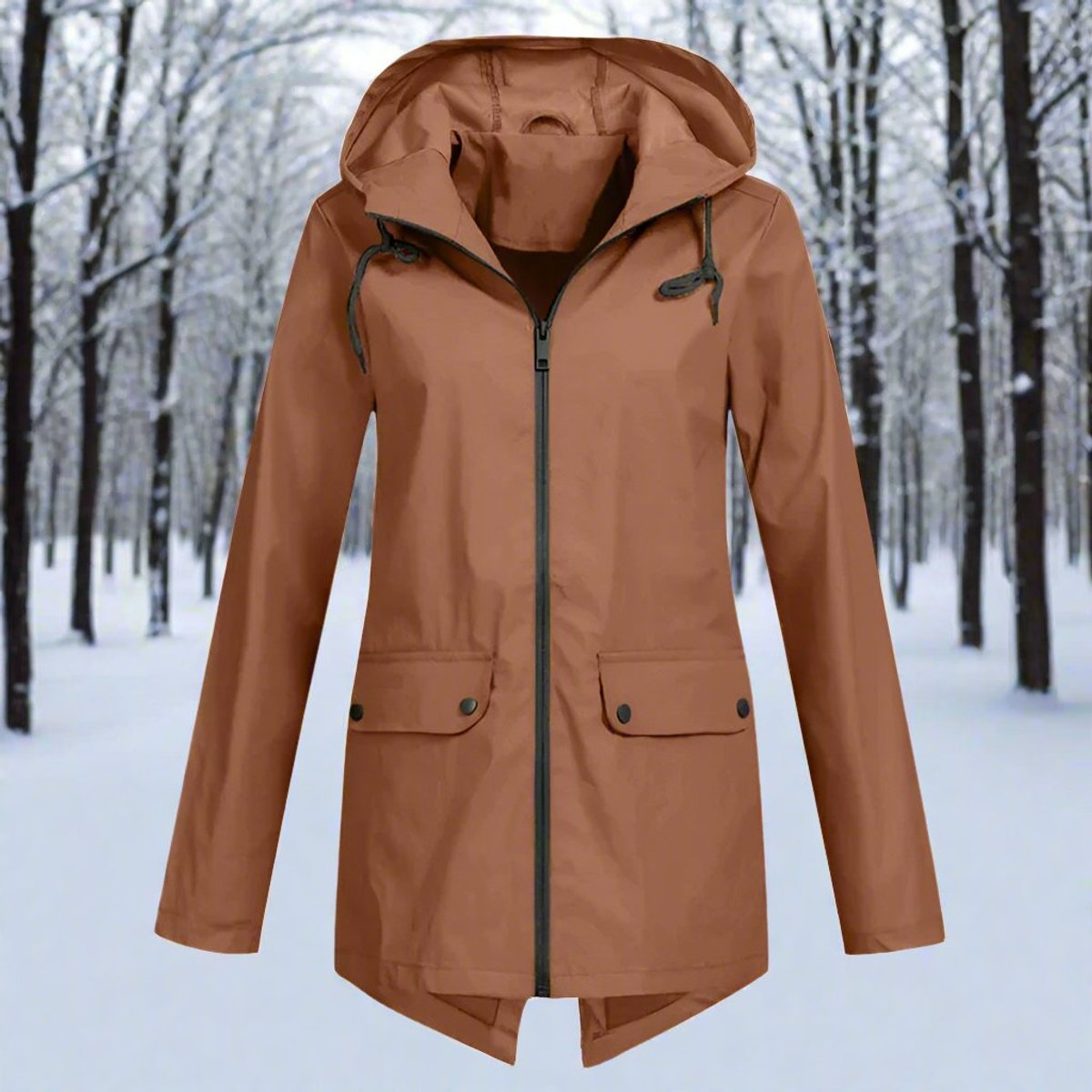 Women's Longline Waterproof Rain Coat with Drawstring Hood – Coffee
