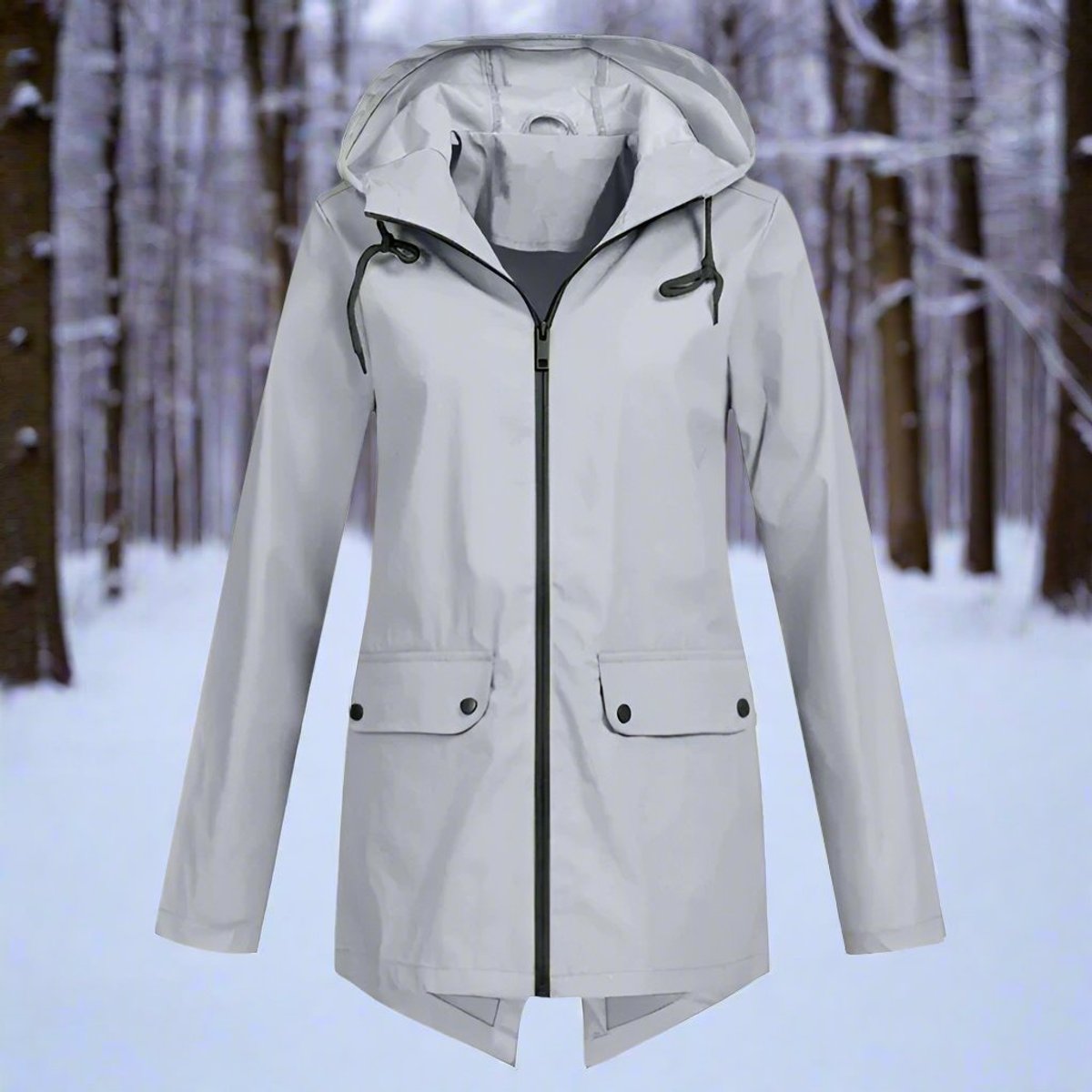 Women's Longline Waterproof Rain Coat with Drawstring Hood – Grey