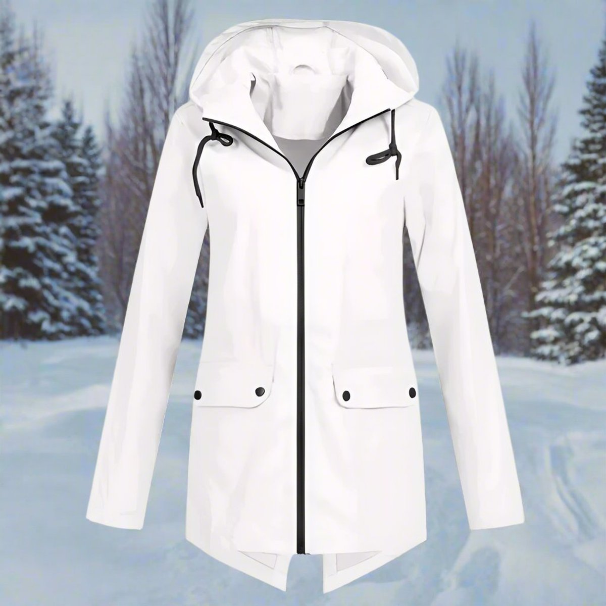 Women's Longline Waterproof Rain Coat with Drawstring Hood – White