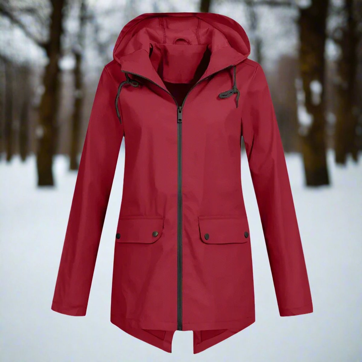 Women's Longline Waterproof Rain Coat with Drawstring Hood – Wine Red