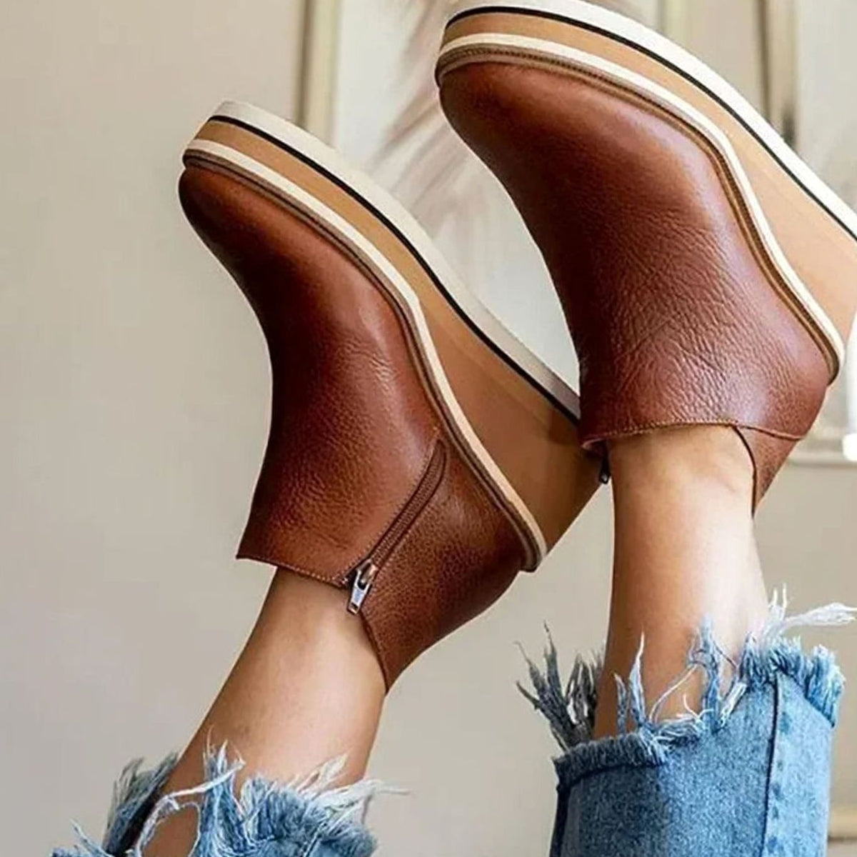 Women's Faux Leather Chelsea Boots on Stacked Wedge Platform