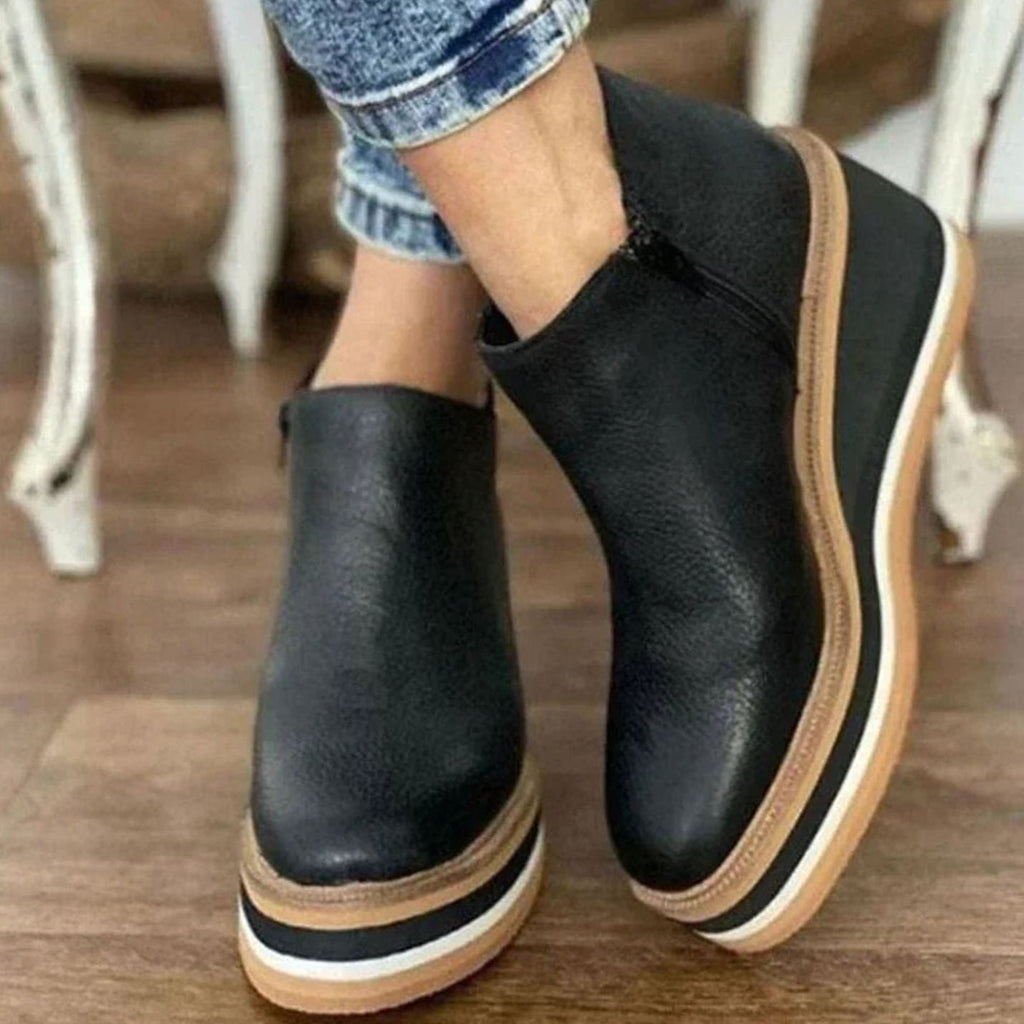 Women's Faux Leather Chelsea Boots on Stacked Wedge Platform – Black