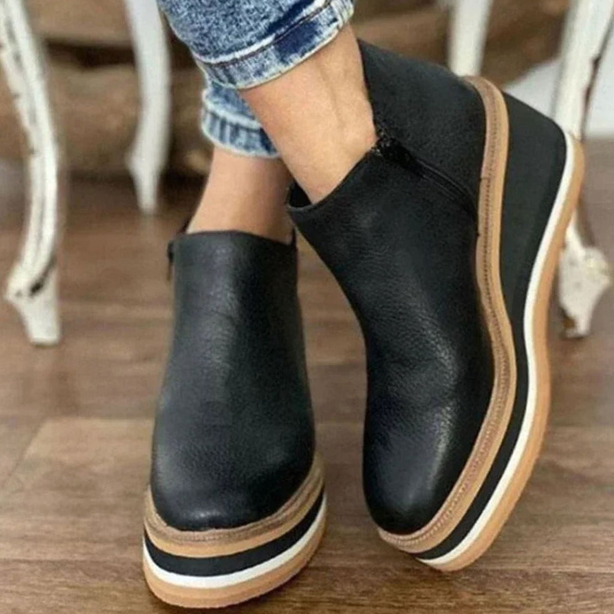 Women's Faux Leather Chelsea Boots on Stacked Wedge Platform – Black