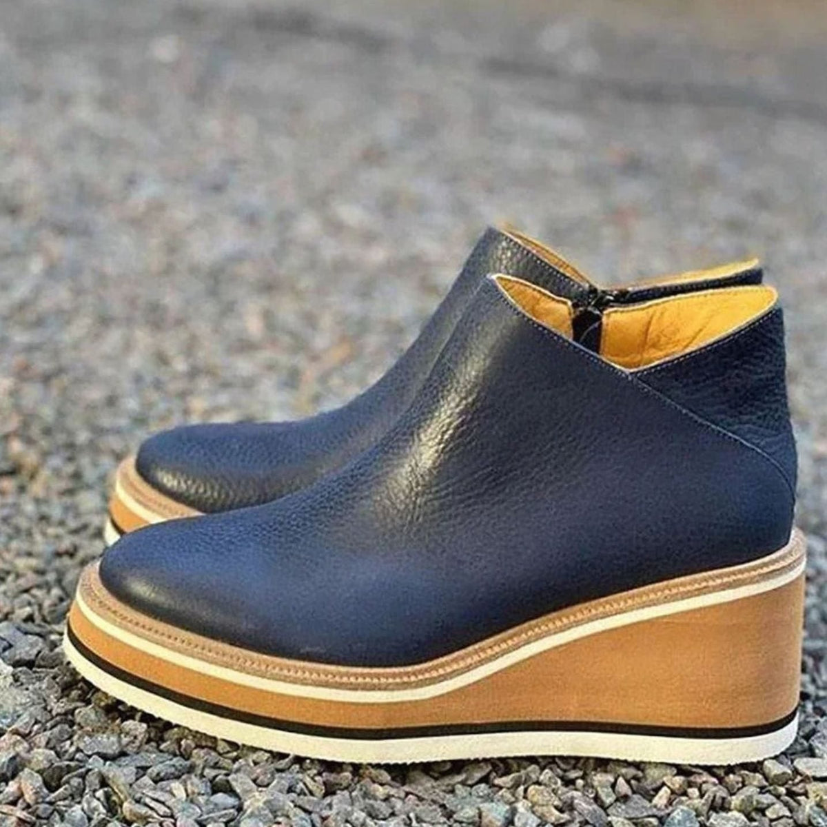 Women's Faux Leather Chelsea Boots on Stacked Wedge Platform – Blue