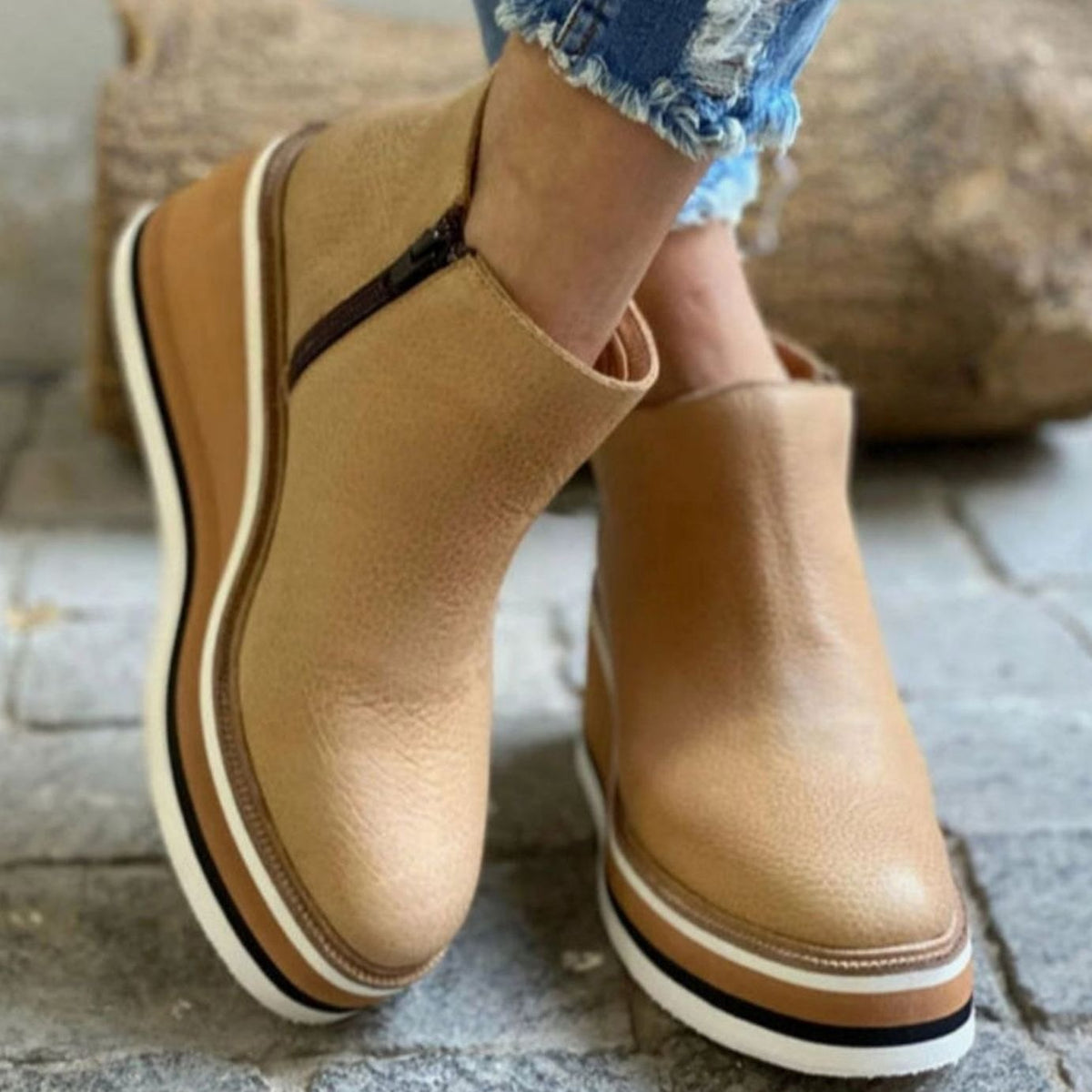 Women's Faux Leather Chelsea Boots on Stacked Wedge Platform