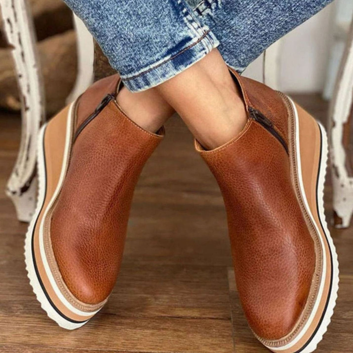 Women's Faux Leather Chelsea Boots on Stacked Wedge Platform – Brown