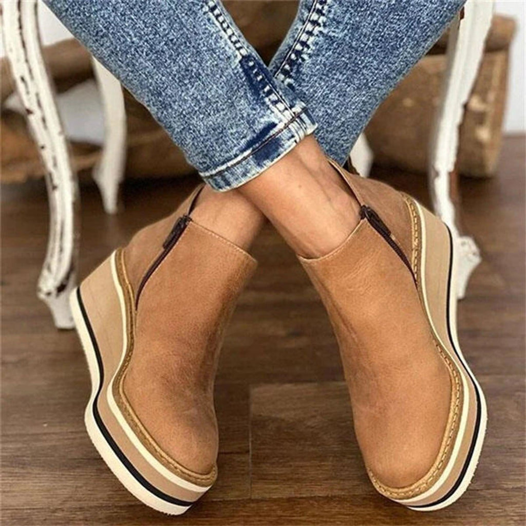 Women's Round Toe Platform Wedge Boots with Side Zip